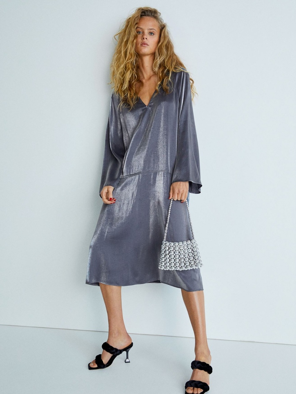 H&M Metallic V-Neck Long Sleeve Dress - Silver Gray - Picture 3 of 4